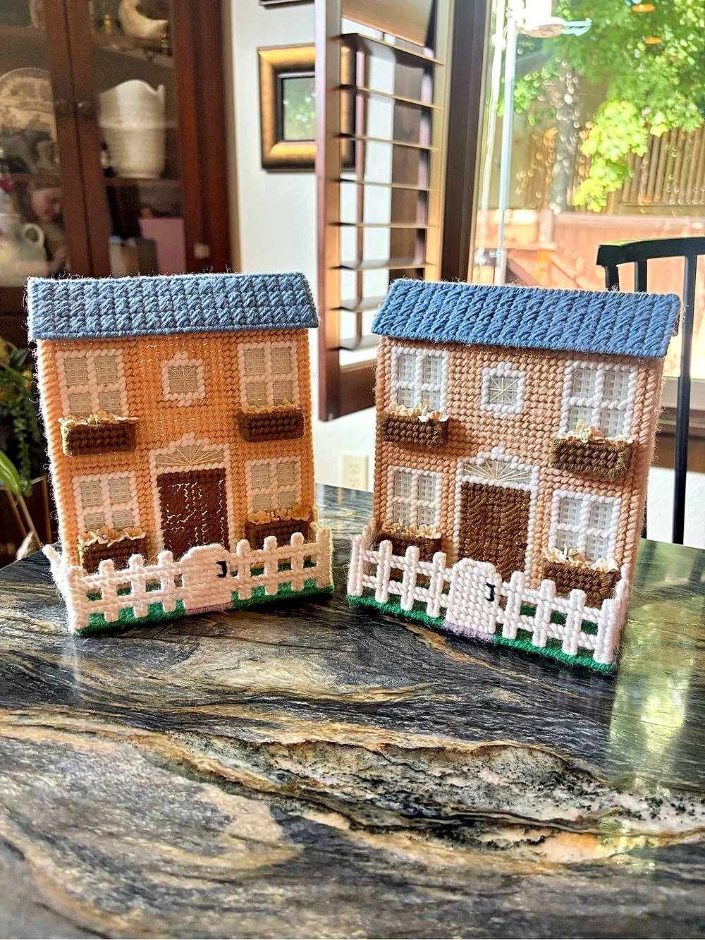 Vintage Handmade Cottagecore Needlepoint House Bookends Set of 2